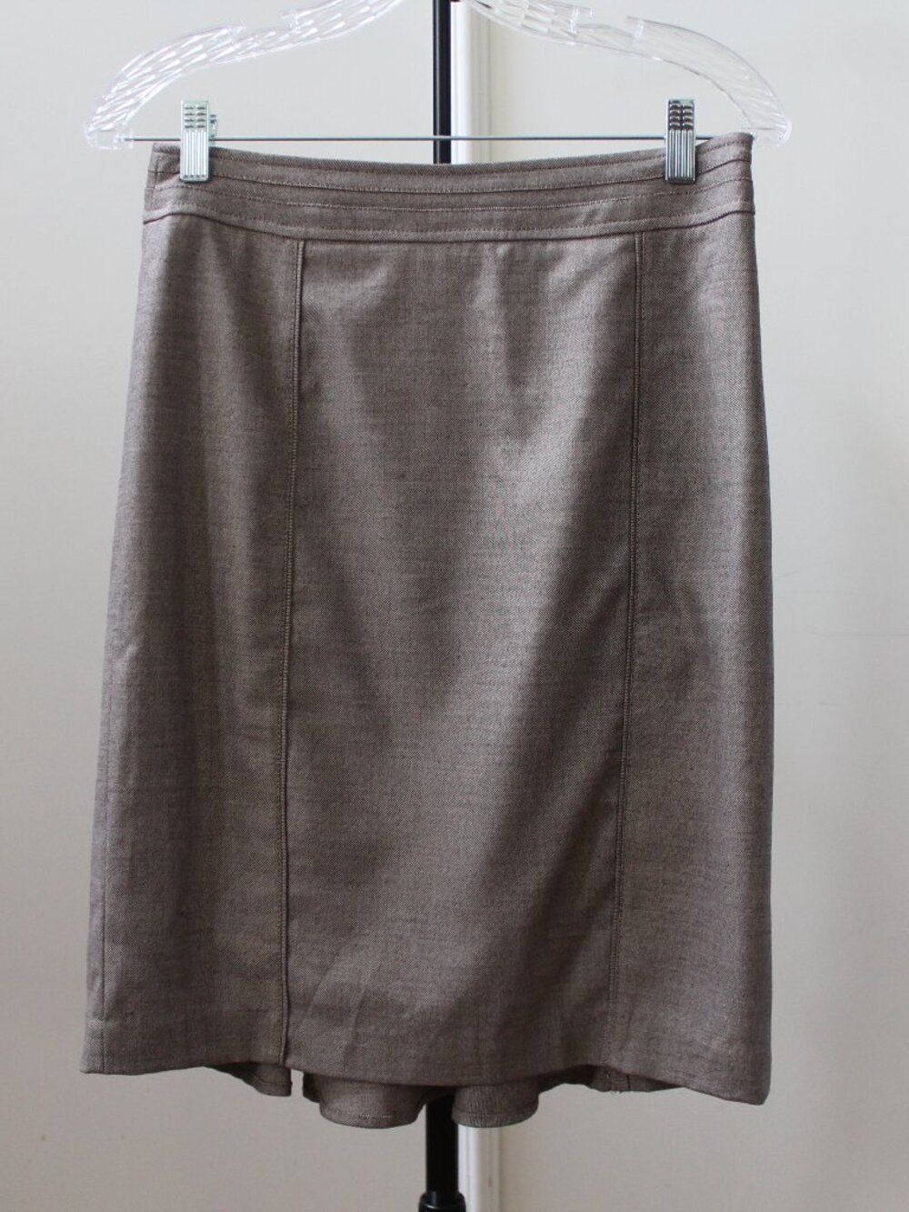 Taupe White House Black Market pencil skirt with ruffled back hem detail